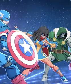 Captain America, Kamala Khan, Doctor Doom, and Star Lord preparing to fight in Marvel Tokon.
