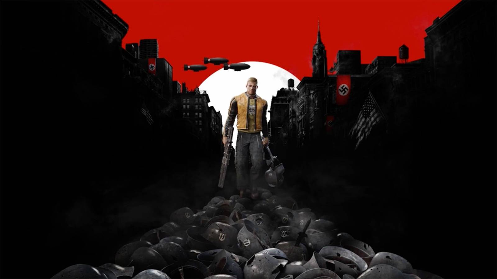 BJ Blazkowicz standing over a pile of Nazi helmets in Wolfenstein art.
