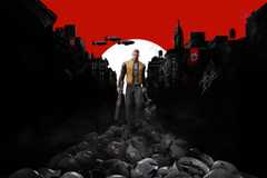 BJ Blazkowicz standing over a pile of Nazi helmets in Wolfenstein art.